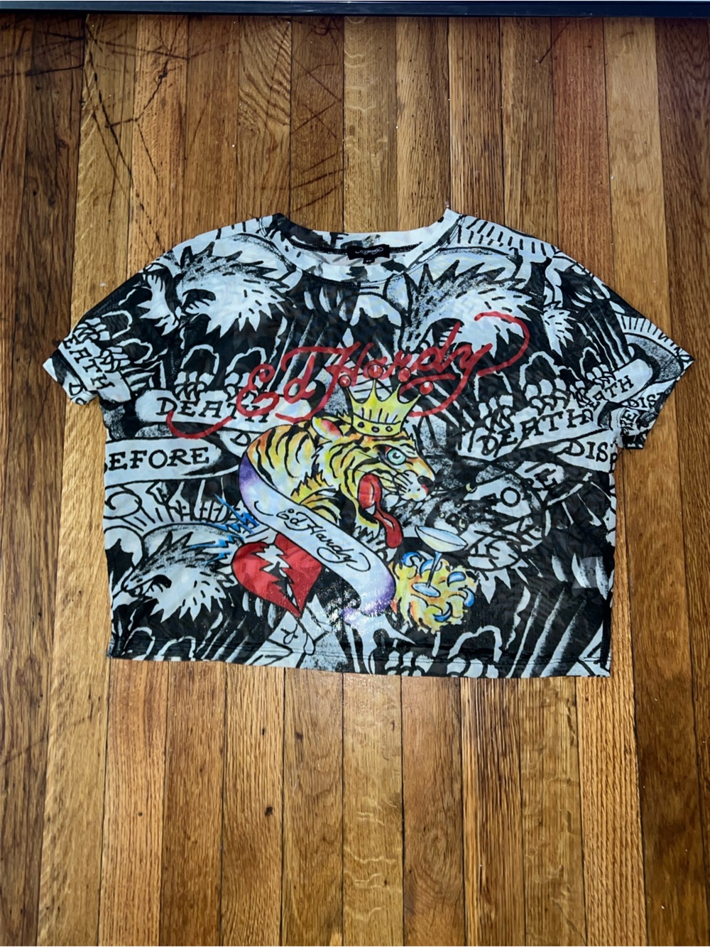 Ed Hardy Black & White Graphic Crop Tee with Multicolor Tiger